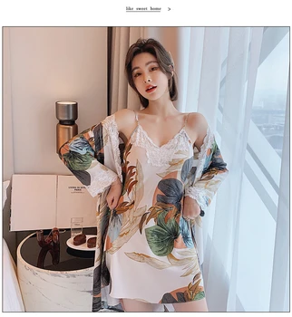 

Pajamas Set 2 Pieces Women Sling Robe Plant Printing Large Size Cotton Silk Sleepwear Nightdress Lady Lace Homewear