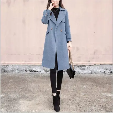 Длинная приталенная верхняя одежда, высококачественное Женское пальто, кардиган, шерстяное пальто, осенняя зимняя куртка, элегантная одежда - Цвет: Blue