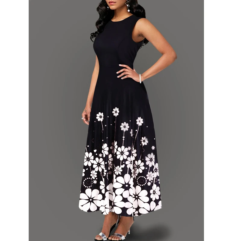 Летнее женское платье размера плюс, винтажное платье трапециевидной формы, туника, длинный сарафан без рукавов с цветочным принтом, S-2XL длинное платье с цветочным принтом - Цвет: Black