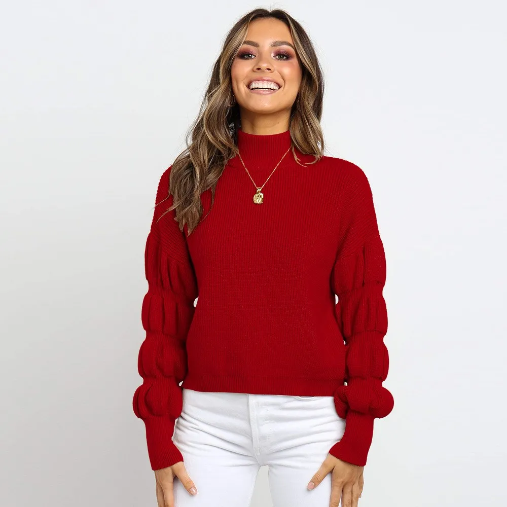 Lantern Sleeve Casual Turtleneck Sweater Women Black White Loose Knit Pullover Pullovers Fall Red Winter Sweaters | Женская одежда