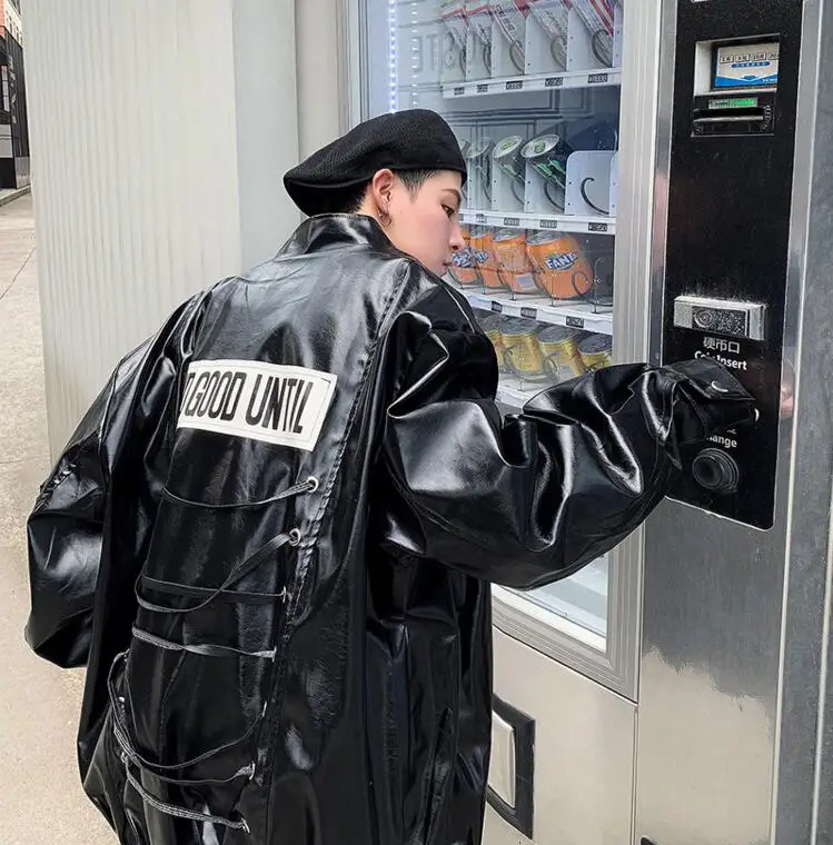 Новинка из блестящего металла панк хип хоп куртка мужская назад ветровка с завязками пальто мужские Куртки из искусственной кожи Мужская Уличная