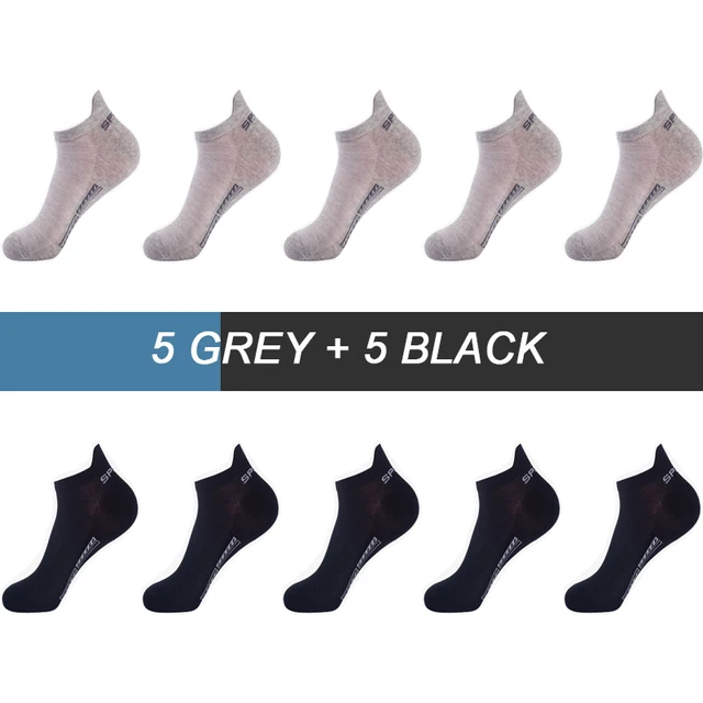 10Pairs High Quality Men Ankle Socks Breathable Cotton Sports Socks Mesh Casual Athletic Summer Thin Cut Short Sokken Size 38-44 5 Black 5 Grey