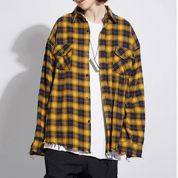 

EWQ / men and women's wear 2020 spring Tide High Street Concise Personality Loose Long Sleeve Lattice Shirt vintage design Y1116