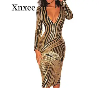 

Sequins Striped Dresses 2020 Women Elegant Long Sleeve Midi Dress Sexy Deep V Neck Party Dress Vestidos