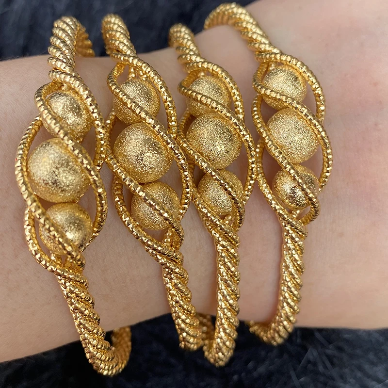 4pcs Ethnic Bead Gold Color Dubai Bangles For Women 24K Ball Copper Saudi Arabic Bracelet Girls Africa Bangles Wedding jewelry