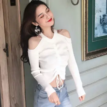 

Women's Clothing Halter Off Shoulder Drawstring Lace Up Sweaters White Pleated Long Sleeve Solid Knitting Thin Jumper