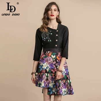 

LD LINDA DELLA Autumn Fashion Runway Vintage Dress Women's Beading Button Floral Pirnt Pleated Asymmetrical Patchwork Dress