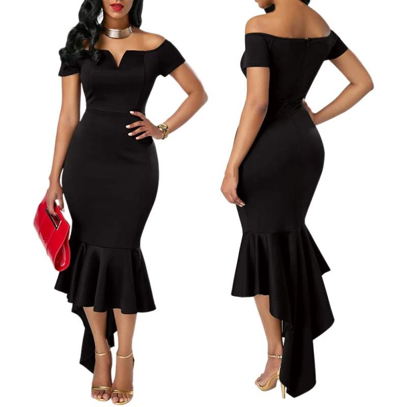 Женское платье-смокинг с v-образным вырезом и коротким рукавом, длинное Однотонное Платье макси с открытыми плечами для вечеринки, летний фрак, сарафан - Цвет: Черный