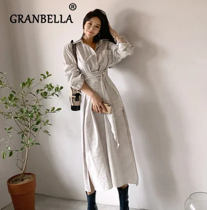 

Autumn Hot Striped Slit Tie Knotted Long Shirt Dress Women Turn-Down Collar Temperament OL Style Thin Female Dresses