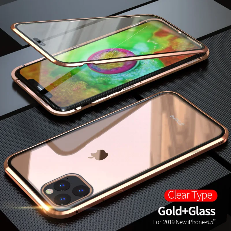 Магнитный чехол Tongdytech для Iphone 11 Pro XS MAX X 7 8 Plus, металлический чехол для телефона, двусторонний чехол из закаленного стекла 360, чехол s - Цвет: Gold