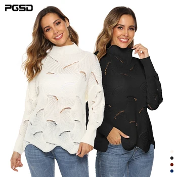 

PGSD Autumn winter Simple fashion casual Women clothes Hollow high collar wavy edge solid Warm knitted sweater Loose Pullover