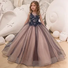 Black Flower Girl Dresses For Weddings Ball Gown Scoop Tulle Appliques Lace Long First Communion Dresses Little Girl