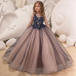 Black Flower Girl Dresses For Weddings Ball Gown Scoop Tulle Appliques Lace Long First Communion Dresses Little Girl