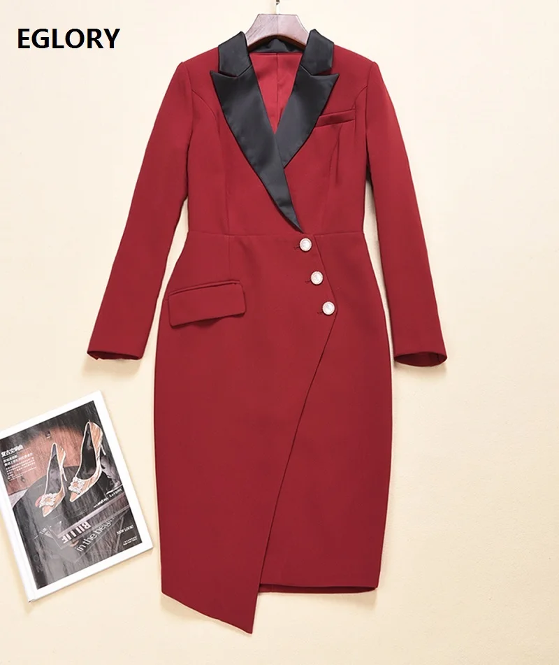 

Top Quality New Long Blazer Dress 2020 Autumn Winter Business Women Notched Collar Beading Buttons Long Sleeve Slim Fitted Dress