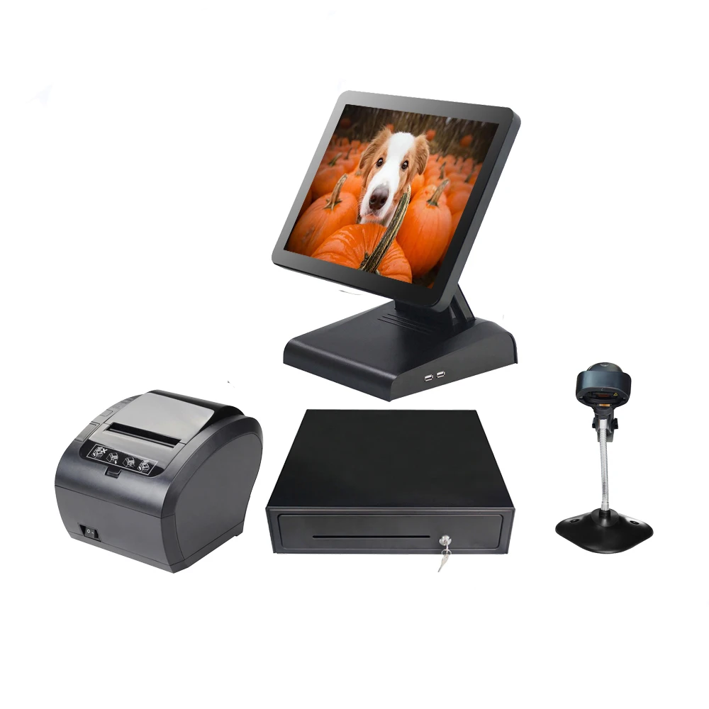 

A set of Pos all in one LED LCD touch screen points of sales for supermarket