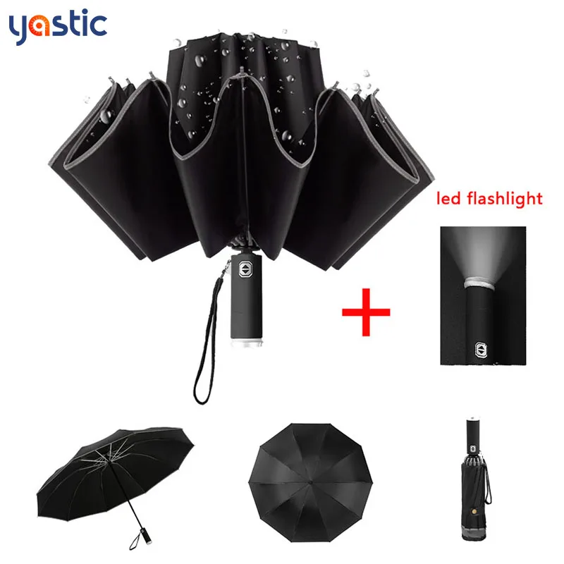

Automatic Umbrella With Reflective Stripe Reverse Light Umbrella Three Folding Inverted 10 Ribs Windproof