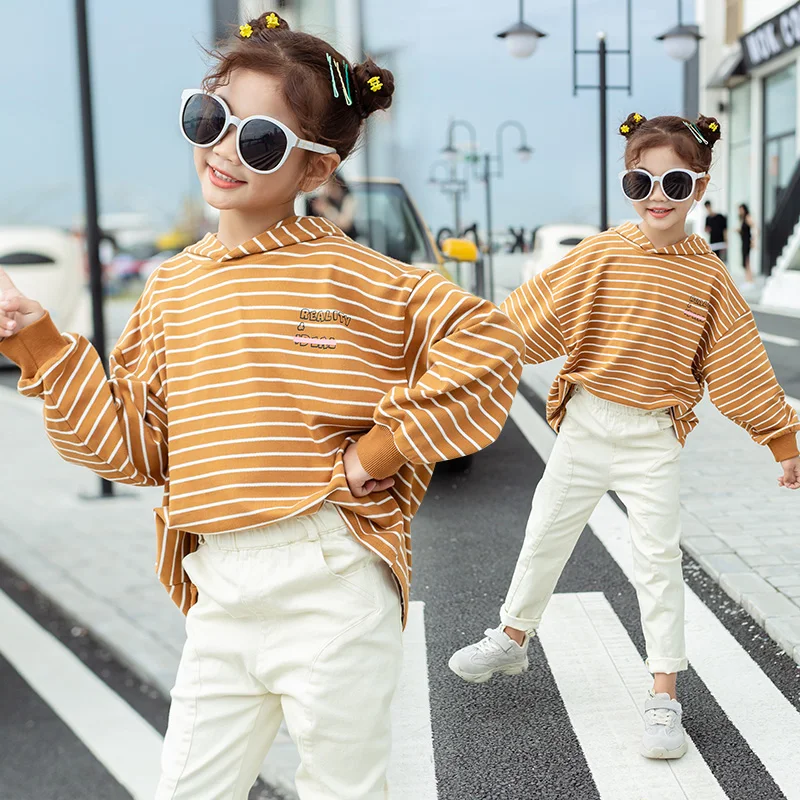 

Fashion Girls Clothes New Long Sleeve Soft Striped T-shirts Loose Hooded Girls Tops Casual Baby Kids Clothing Outfits Vestidos