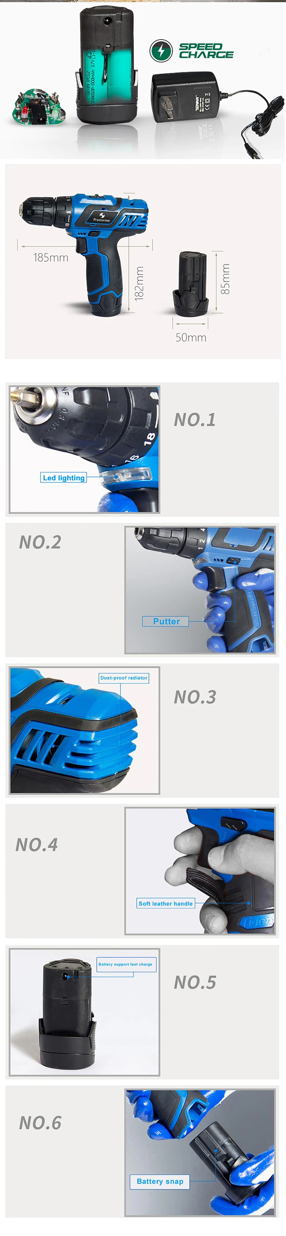 PROSTORMER 12V Мини электрическая дрель литиевая Батарея беспроводные-отвертка Перезаряжаемые электрическая дрель винт Мощность инструменты