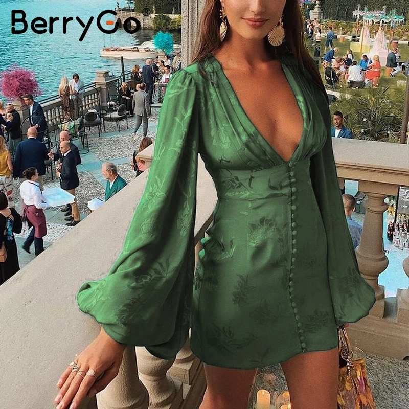 BerryGo сексуальное короткое вечернее платье с v-образным вырезом женское ТРАПЕЦИЕВИДНОЕ однобортное мини-платье Зеленая лента дамские минималистичные платья - Цвет: Зеленый