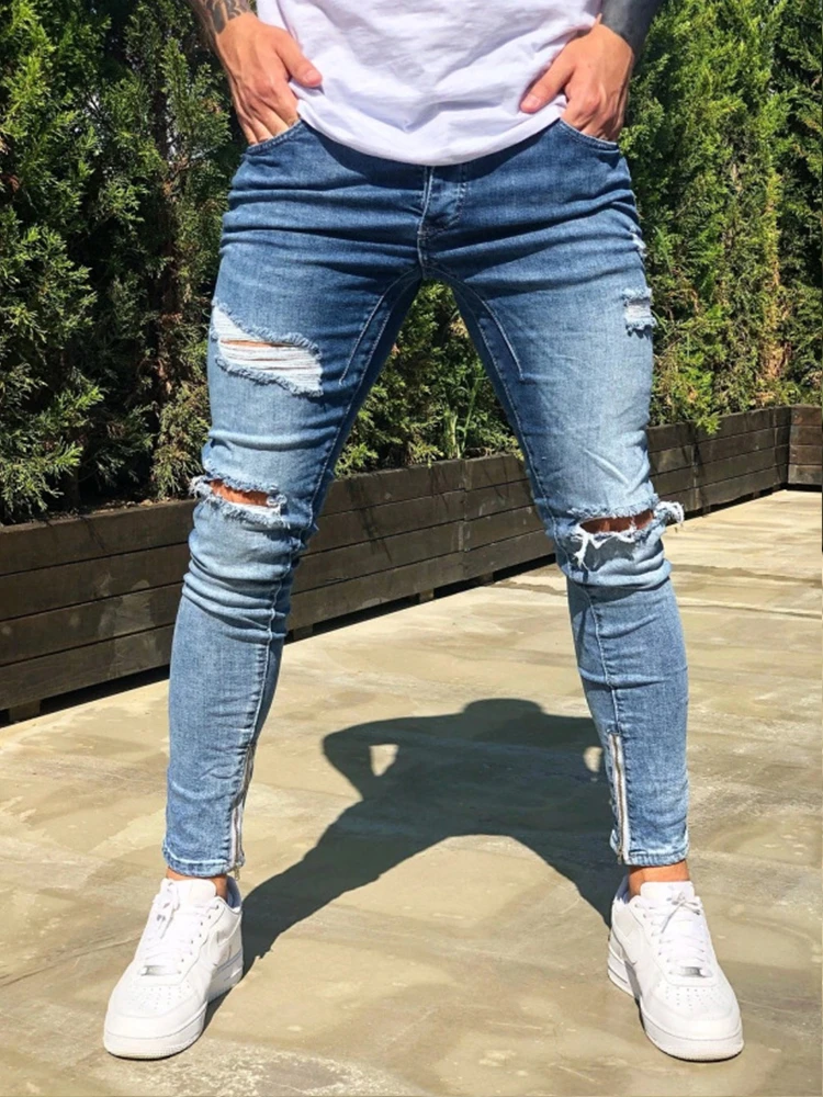 2022 Fashion Blue Ripped Jeans Men Skinny Slim Fit Hip Hop Denim Trousers Jeans for Men Jogging homme Drop Shipping|Jeans|