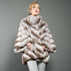 Brown Fur Coat Women Bat Type Rex Rabbit Fur Jacket Winter Warm Fashion Overcoat