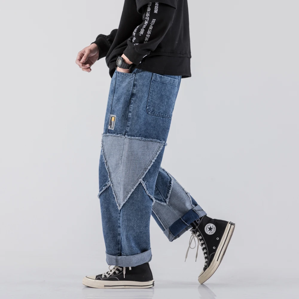 

men jeans Streetwear full length Wide leg Harem Pants Washed Denim Patchwork Black Patchwork hip hop fashion pants