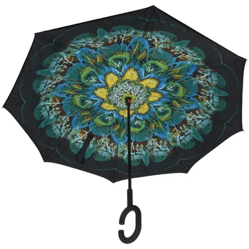 

Green Peacock Windproof Reverse Folding Double Layer Inverted Rain Umbrella Self Stand Rain Protection C-Hook Hands For Car