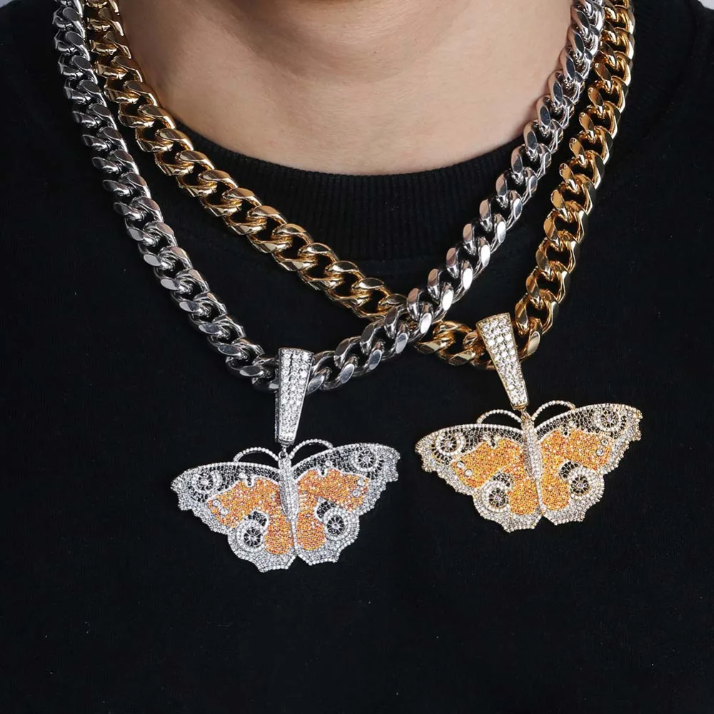 

Hip Hop Big Butterfly Necklace Colorful Solid Pendant Micro Pave CZ Iced Out Full Zircon With 12mm Cuban Chain Jewelry