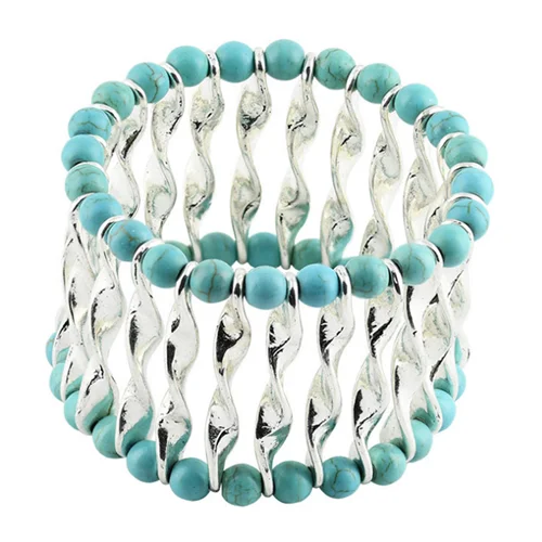 Green Turquoises FYJS уникальный посеребренный сплав Штабелируемый волна соединить кристаллы аметиста круглые бусины браслет зеленая бирюза камень ювелирные изделия - Окраска металла: Green Turquoises