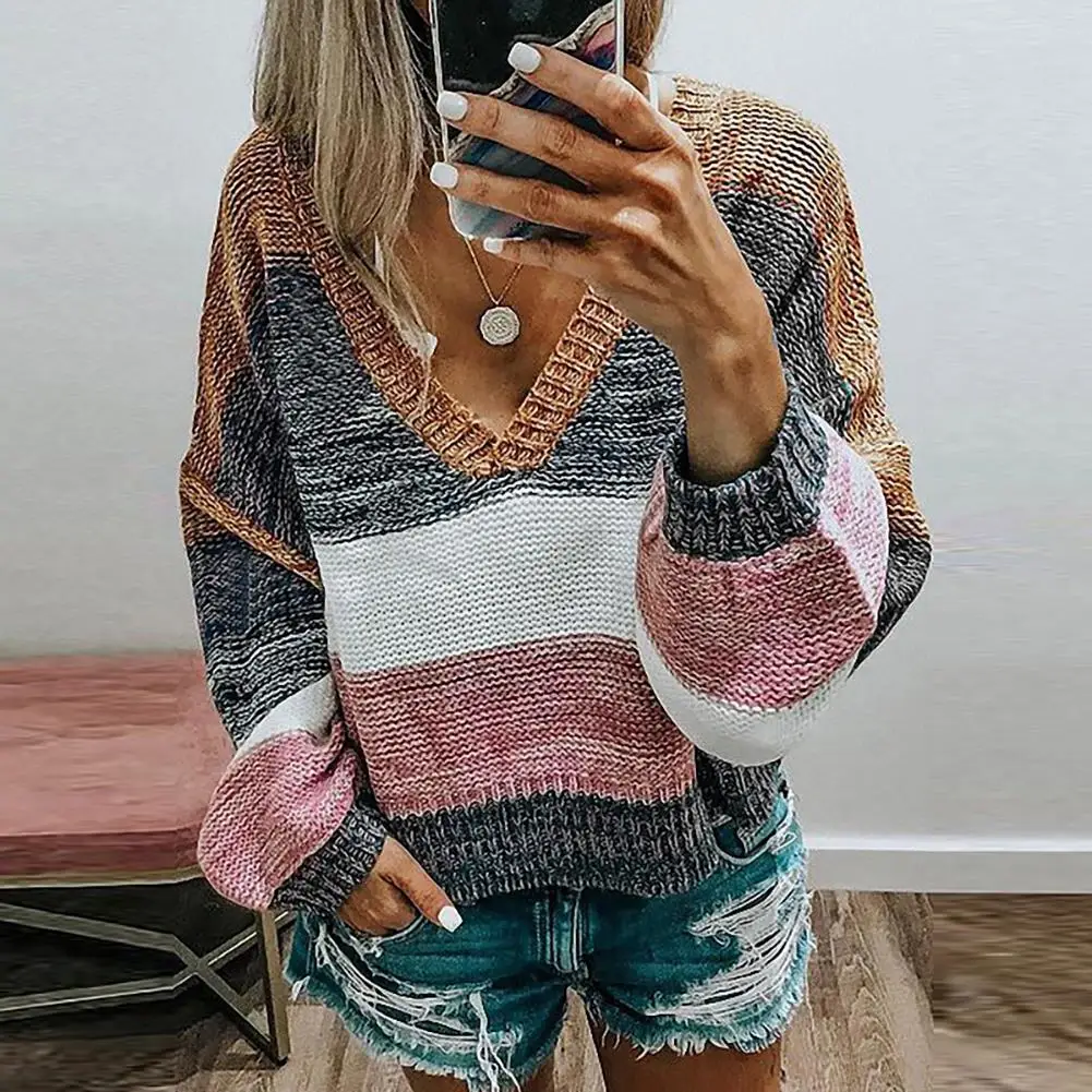 

2020 New Fashion Women Autumn V-neck Long Sleeve Color Block Patchwork Knitted Sweater Pullover Office Casual Sweater