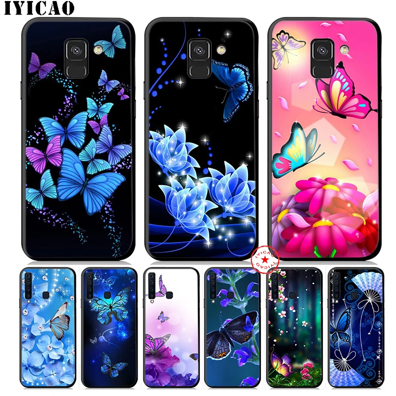 IYICAO Butterfly Blue Luxury Soft Phone Case for Samsung Galaxy A9 A8 A7 J6 A6 Plus 2018 A5 A3 2016 2017 Silicone Cover |