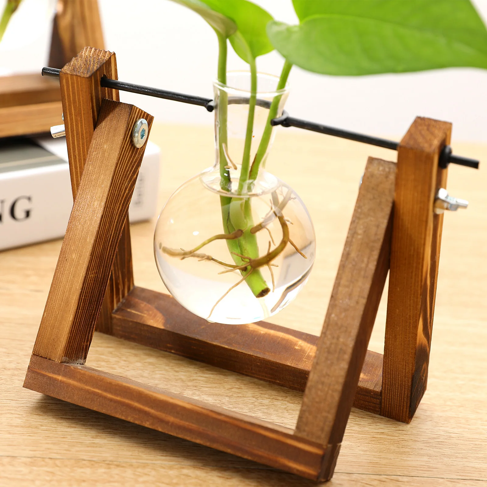 Glass Wood Vase Planter Terrarium Table Desktop Hydroponics Plant