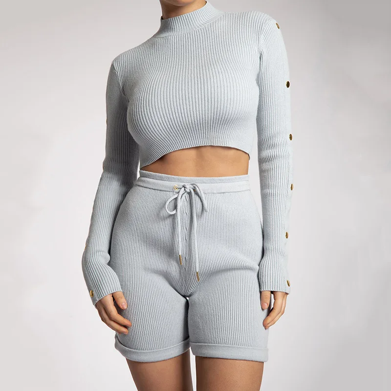 

Paris Girl Autumn Cotton Two-piece Set Women's Sexy Long Sleeve Crop Top Lace-up Stretch Shorts 2pc Matching Suit Casual Clothes