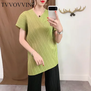

Korea 2020 spring summer new pleated clothing for women v collar loose casual short sleeve tops famale irregular fashion WH725