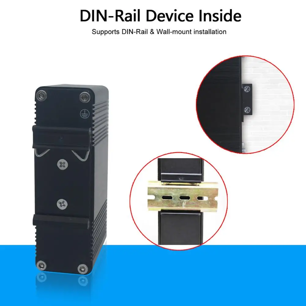 Industrial Power Over Ethernet Adapter Din-Rail 10/100/1000Mbps Gigabit PoE+ Injector with 12~48V DC Input