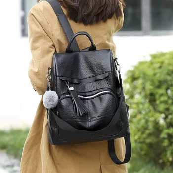 

women winter novelty vegan leather black brown backpack for female soft pu large capacity casual daypack one shoulder bag