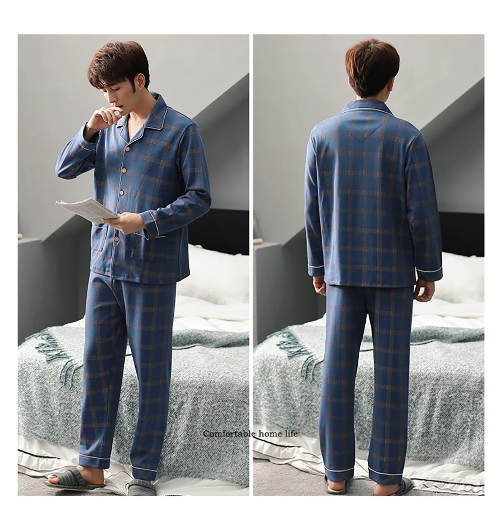 Autumn Winter Male Cotton Pajama Sets 4XL Plus Size Sleepwear Fashion Gradient Plaid Pijama Men Set Comfort Pajamas Loungewear checkered pajama pants
