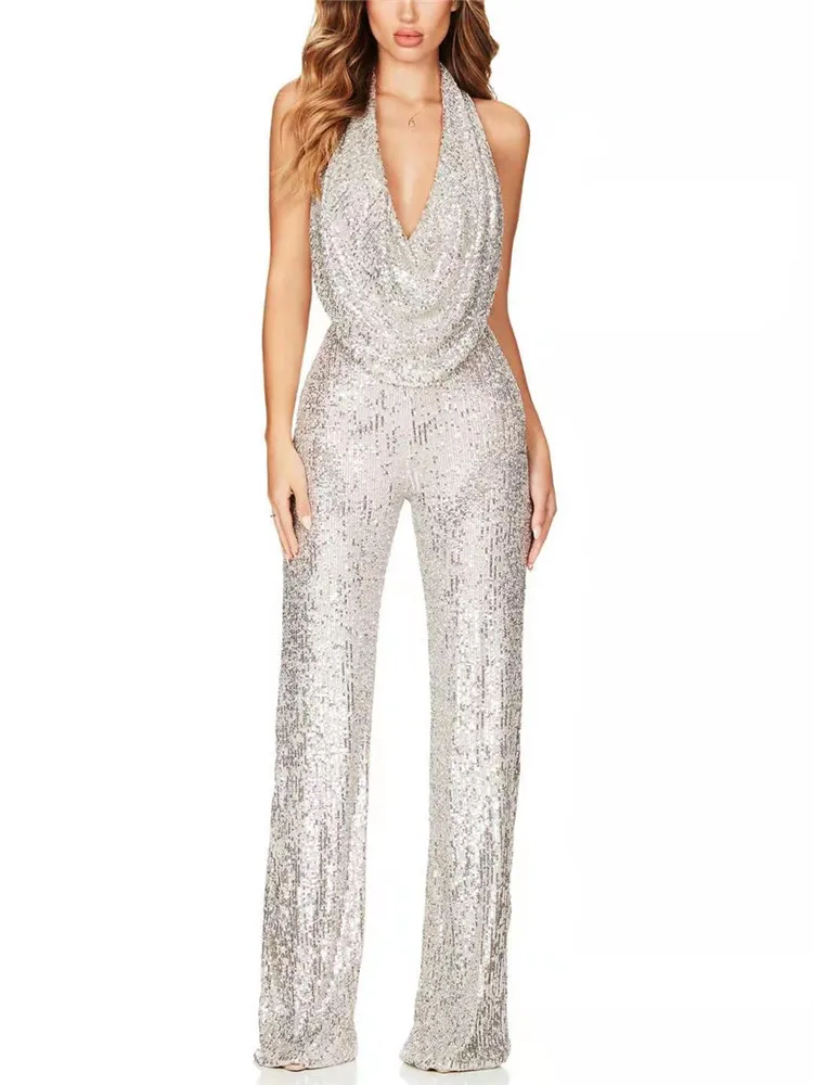 

Missord 2019 Solid Color Halter Sequins Female Overalls Backless Hollow Elegant High Waist Rompers Women Jumpsuit FT19705