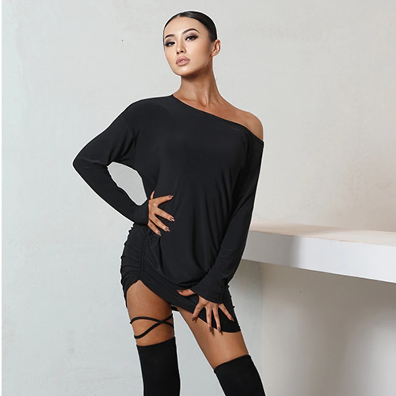 Dance Dress Latin Dance Dresses For Women New Drawstring Black Long Sleeve Loose Training Designer Clothes Samba Rumba Salsa Winter DNV14149 dance dress