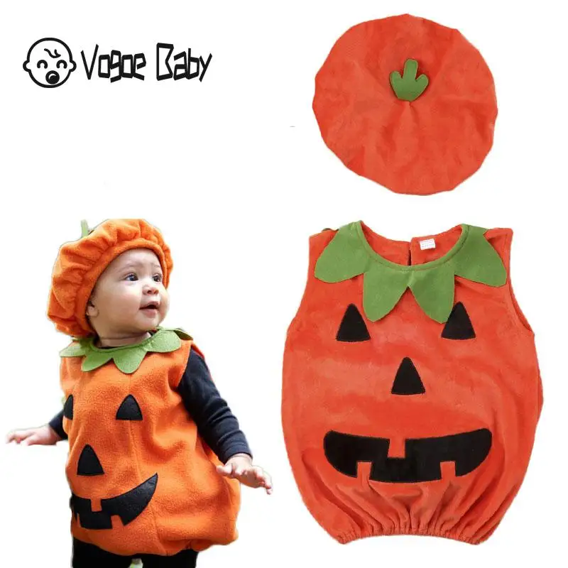 

0-3Y Newly Cosplay Halloween Toddler Baby Kid Pumpkin Print Sleeveless Romper Jumpsuits Tops+Hats Baby Clothes 2PCS Costumes 79