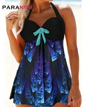 PARAKINI, женская одежда для плавания с бретелькой через шею и принтом, новинка, танкини, средняя талия, брюки, плюс размер, бантик, купальник, бандаж, костюмы для плавания