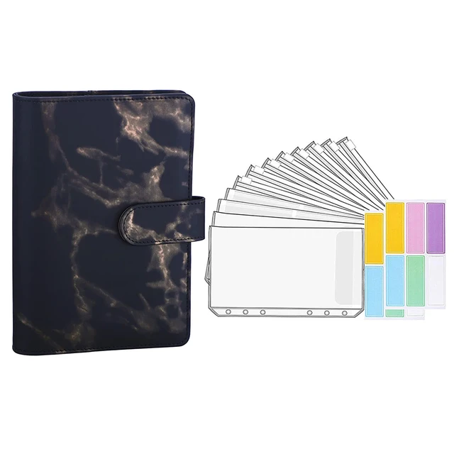 15 Pieces Binder Budget Planner Cash Envelope Binder with Budget Envelopes A6 Binder Pockets Cash Envelope Wallet for Budgeting Black Marble-14pcs