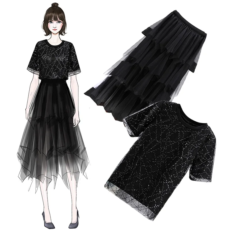 

2019 Summer Fat Mm Two-Piece Mesh Dress Large Size Dress Large GIRL'S Set 200