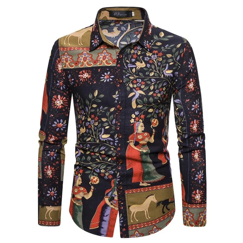 

long sleeve shirt New ethnic style floral print men's casual long-sleeved fashion slim-fit plus size floral shirt for men