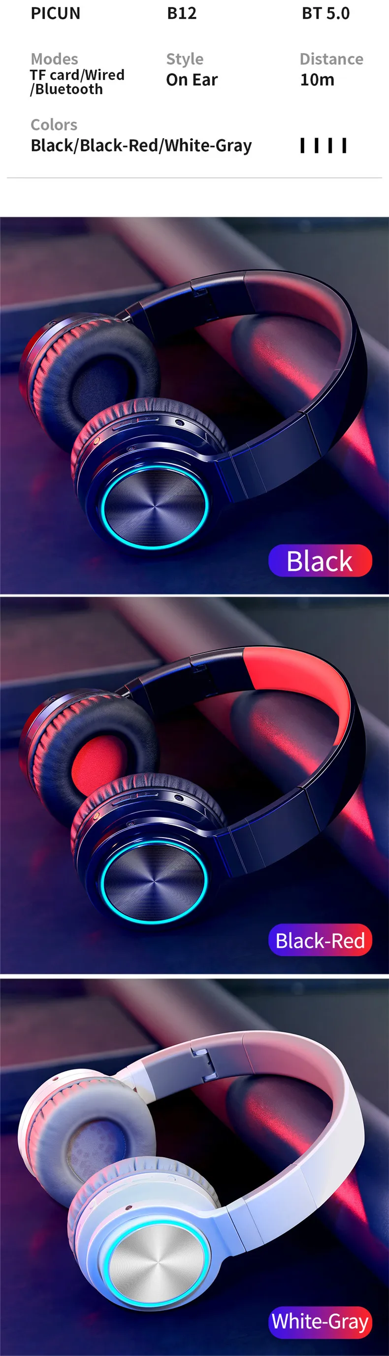 Picun Wireless Headphones Strong Bass Bluetooth Headset Noise Cancelling Bluetooth Earphones Low Delay Earbuds for Gaming Phone