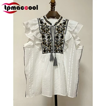 

Tpmaccool lucury designer Summer New blouse Women vintage white cotton floral embroidery Sequins Sleeveless tunic Top Female S-L