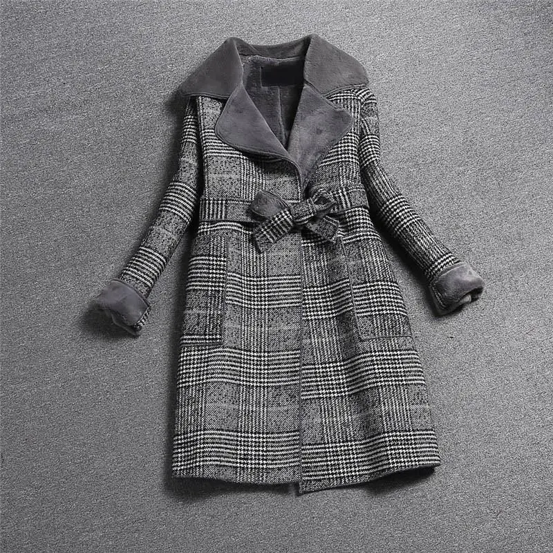 Winter Woman Long Plaid Coat Pockets Slim Woolen Blends Coat Long Sleeve Pocket Warm Overcoat