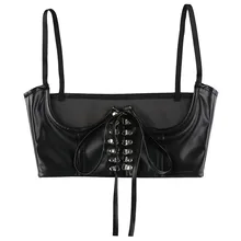  Women Fashion Sexy PU Leather Corset Goth Punk Lace-Up Bandage Black Bustier Streetwear Underbust Support Braces Shaper Top 