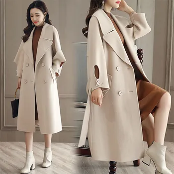 

Autumn Winter Woolen Coat Female 2020 New fashion Double Breasted Woolen Women Coats Female Jacket With Belt