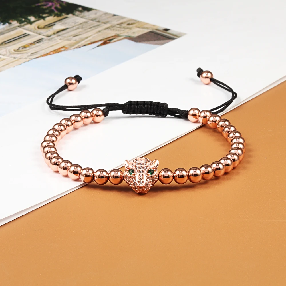 rose gold leopard Дизайн, леопардовая голова, для мужчин и женщин, браслет, регулируемый, с бусинами, проложенный цирконием, очаровательный браслет для мужчин и женщин, модное ювелирное изделие, подарок - Окраска металла: rose gold leopard